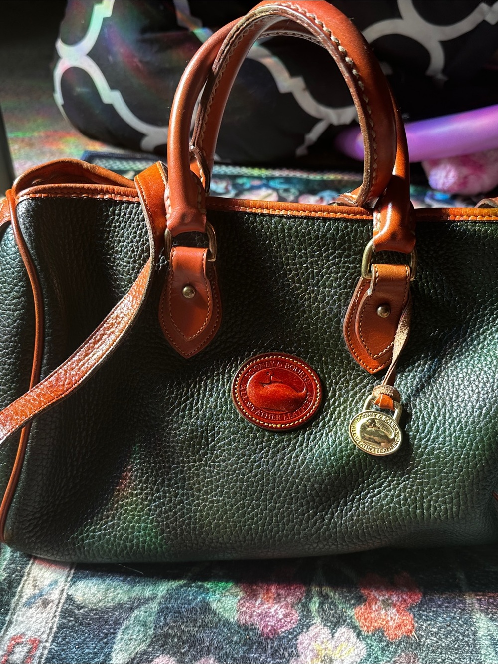 Vintage A6 Dooney & Bourke Green Pebbled Leather Satchel with Brown Trim